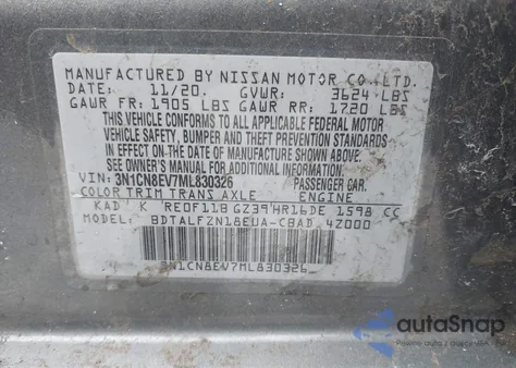 2021 Nissan Versa Sv Xtronic Cvt z USA, uszkodzony, nr VIN 3N1CN8EV7ML830326